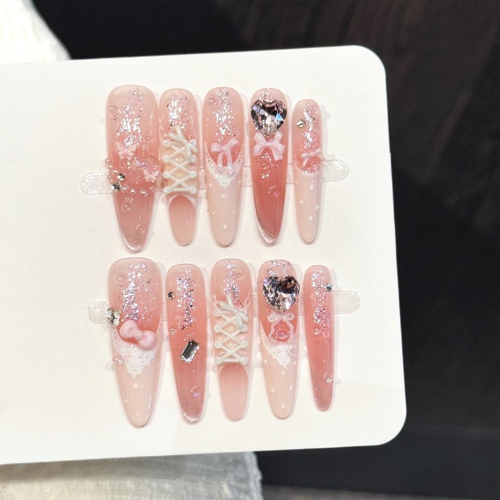 Handmade Press On Nail French Sweet Pink Lace Bow Straps Flash Diamond Sequins Light Luxury Long Stiletto Fake Nail Patch Artificial Nail Reusable XS