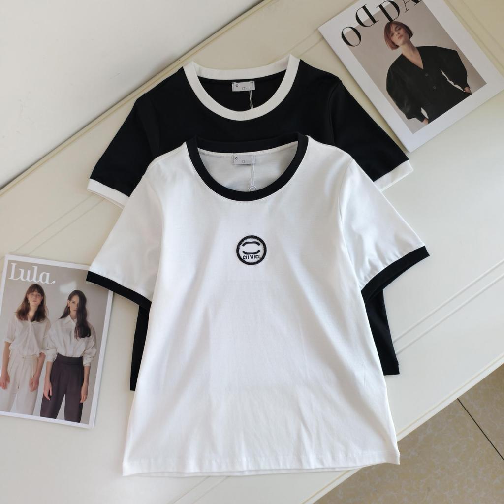 New Season Embroidered Letter Color Block Round Neck T-Shirt