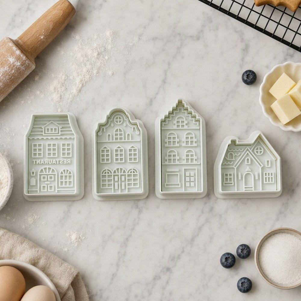 4 Piece 3D Embossed Christmas Gingerbread House Cookie Cutter Spring Press Design Cartoon Fondant Molds Green Plastic