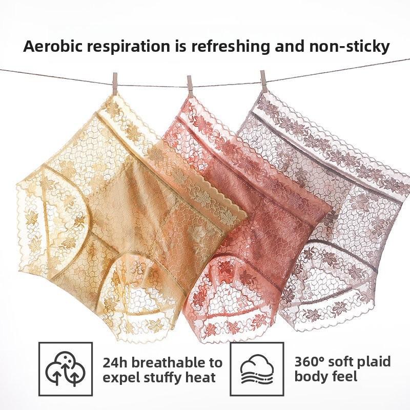 Ladies Summer Lace Camellia 10A Antibacterial Mulberry Silk Extended Crotch Ice Silk High Waist Belly Triangle Briefs