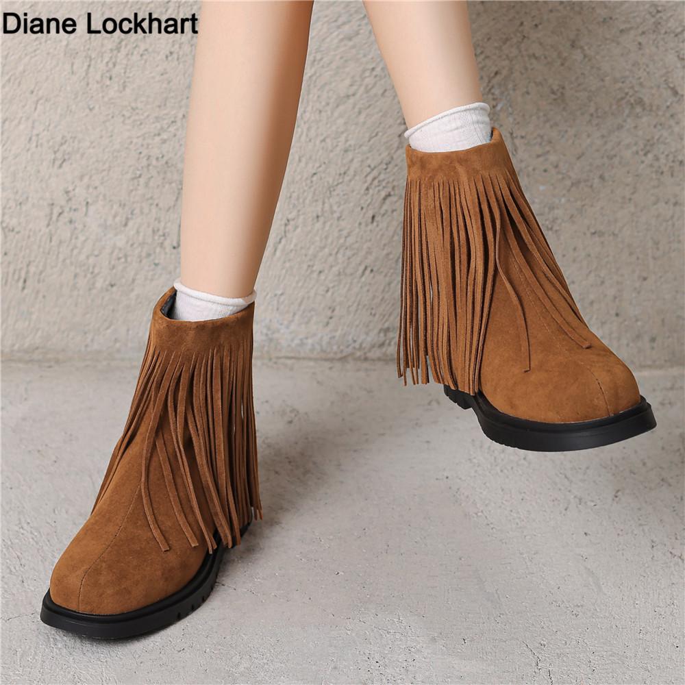Fashion Ladies Casual Vintage Solid Color Fringe Booties Comfortable Platform Mid Cylinder Round Head Zip Ankle Boots Women Black Brown