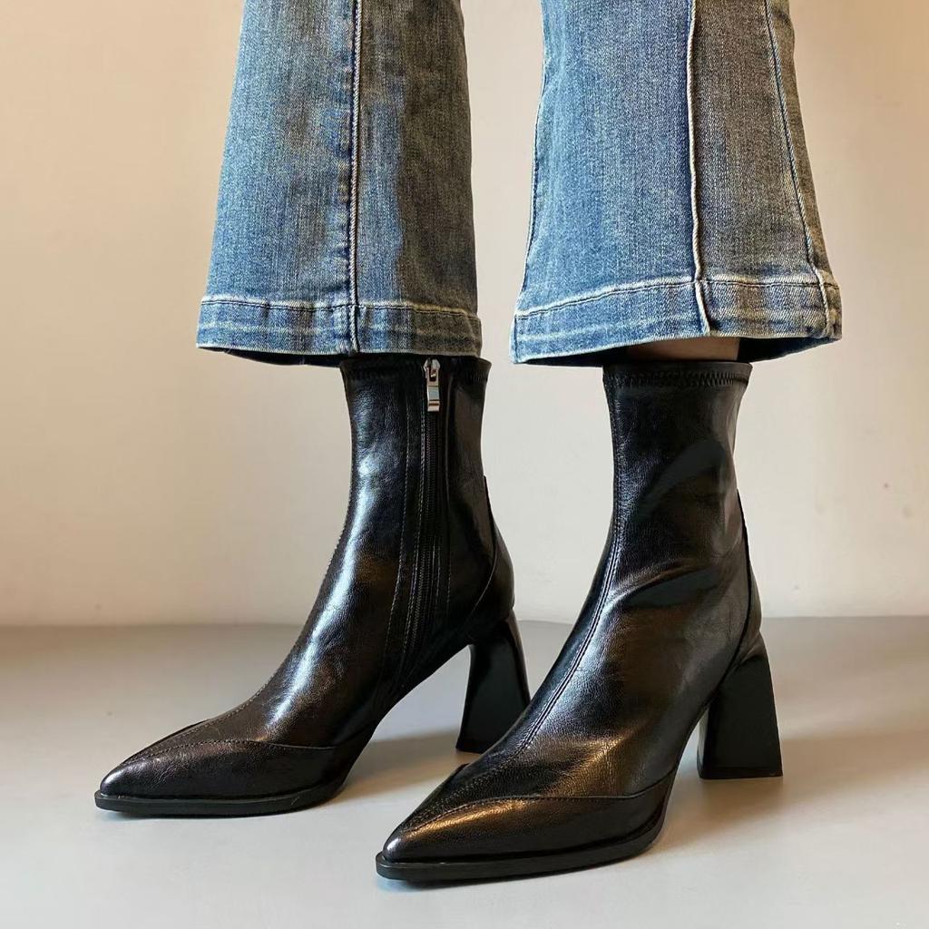 Fashion Retro Brown Pointed Toe Ankle Boots Chunky Heel Women Faion Waterproof Leather Comfortable Breathable Fall Winter Spring