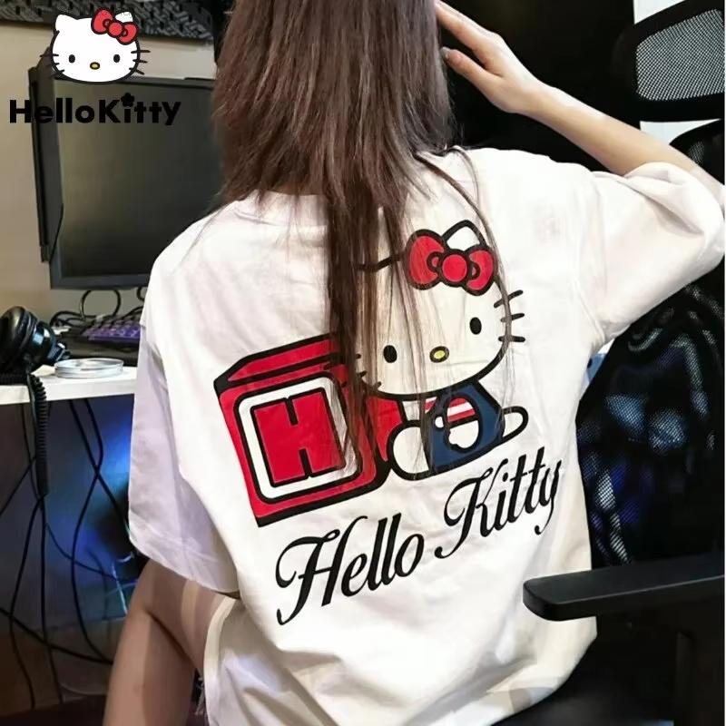 

2026 Summer Hello Kitty Block Letter Oversized Tshirt High Quality 100 Cotton Block Print Unisex Casual Tee for Adults Kids S