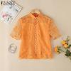 ZANZEA Women Casual Stand Collar Short Sleeve Lace Embroidery Patchwork Blouse