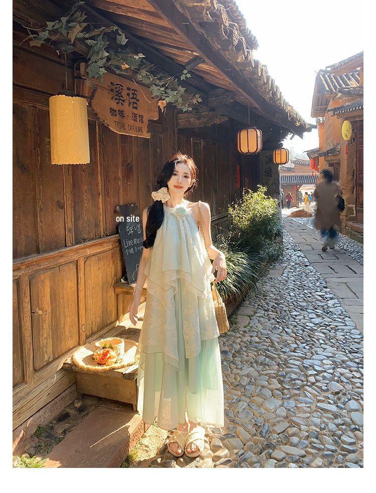 

French Mint Summer Halter Neck Irregular Sleeveless Dress - Women s Elegant Slimming Long Summer Dress Extra Large