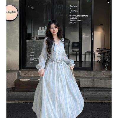 French-Inspired Long-Sleeve Blue Tie-Dye Lace Dress for Women
