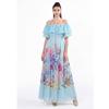 Print Pleated Vacation Summer Dress Female Summer Off Shoulder Short Sleeve A-line Slim Chiffon Holiday Maxi Dress with Belt