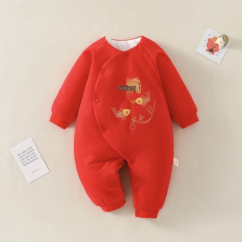Newborn Red Cotton Onesie: Winter Warm Padded Jumpsuit for Autumn Crawling and New Year Celebrations.