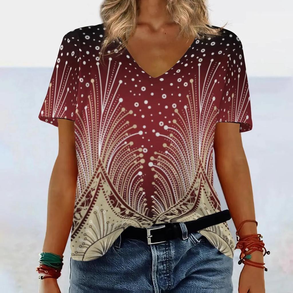 Summer V-neck 3D Gradient Printed Top Fashionable Casual Short Sleeved Women's T-shirts