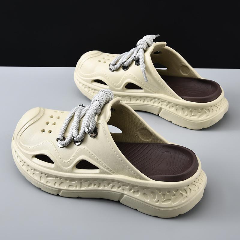 

Мужские сандалии с отверстиями, летняя обувь высокого класса, шнуровка, толстая подошва, ЭВА, дышащие, нескользящие, пляжные, сумка-голова, мужские 44-45