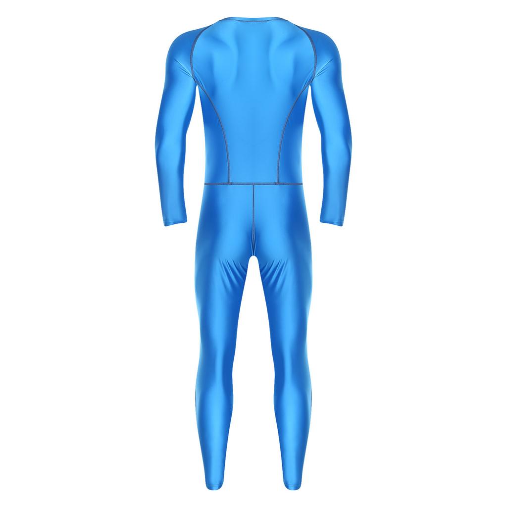 Men‘s Compression Swimwear & Gym Romper S-3XL: Shiny Long Sleeve Jumpsuit with Front Zipper, Flatlock Seams for Comfort