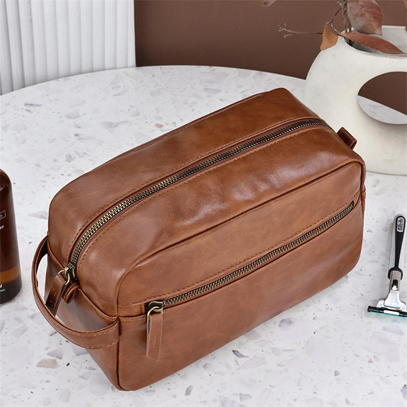Men PU Leather Wash Bag Travel Business Trips Portable Cosmetic Bag Large Capacity Multi Pocket Design Handheld business trip Wash Bag