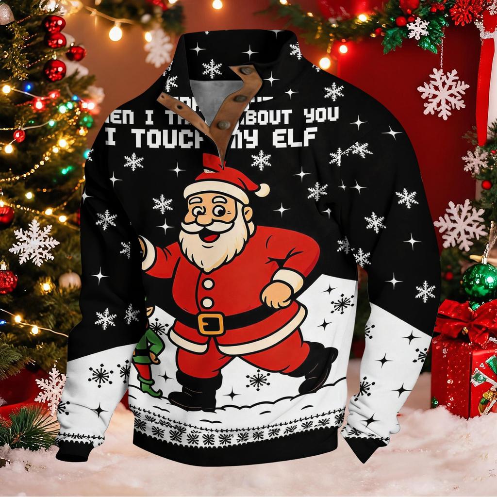Men's Funny Novelty Christmas Print Button Pullover Hoodie Sweatshirt for Holiday Party