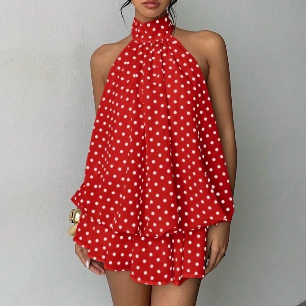 Backless Polka Dot Dress Sleeveless Chiffon Dress Fashion A Line Halter Dress  Holiday