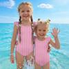 Girls One Piece Swimsuit Striped Print Sleeveless Ruffle Shoulder Swimwear Kids Summer Beachwear Bathing Suit for Children