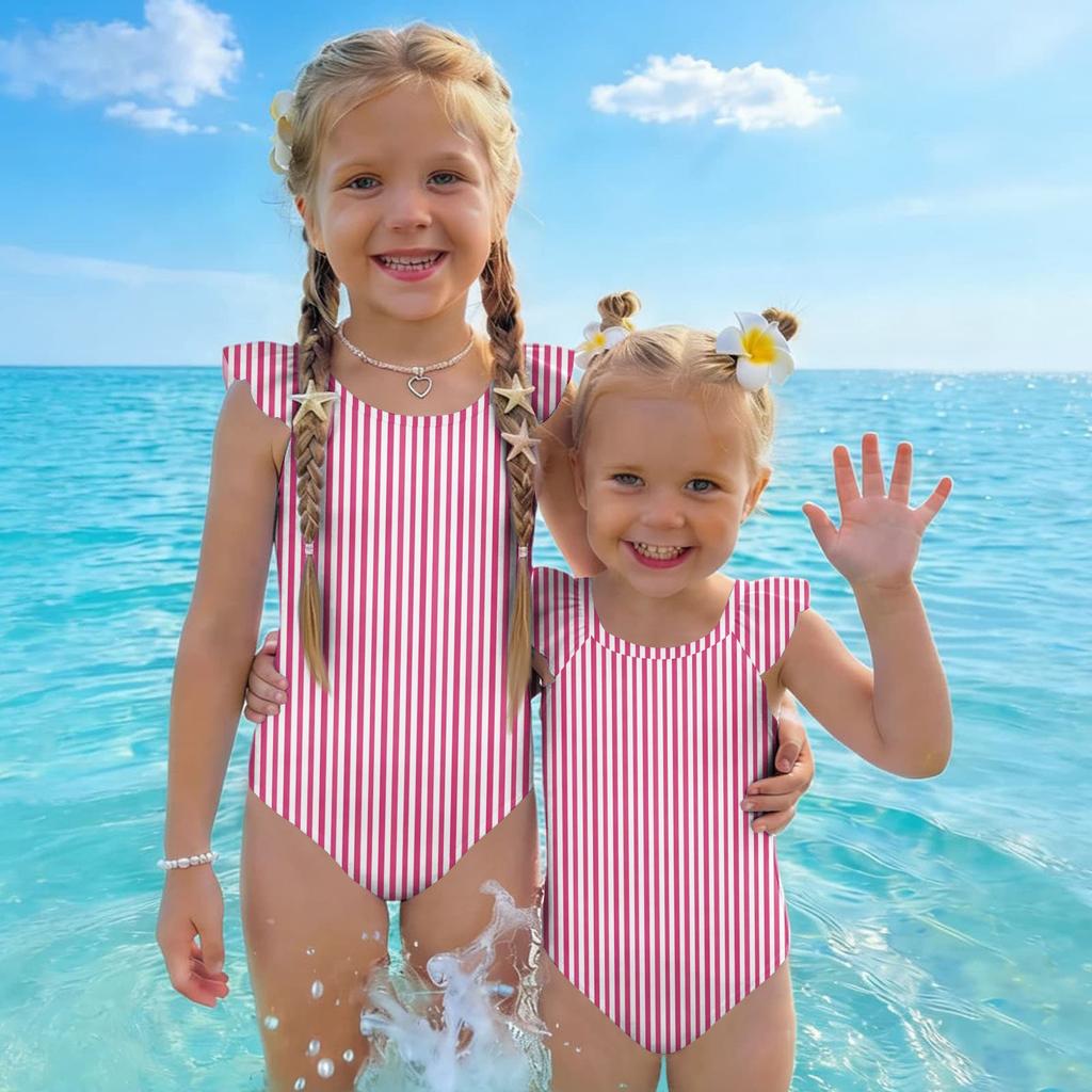 Girls One Piece Swimsuit Striped Print Sleeveless Ruffle Shoulder Swimwear Kids Summer Beachwear Bathing Suit for Children