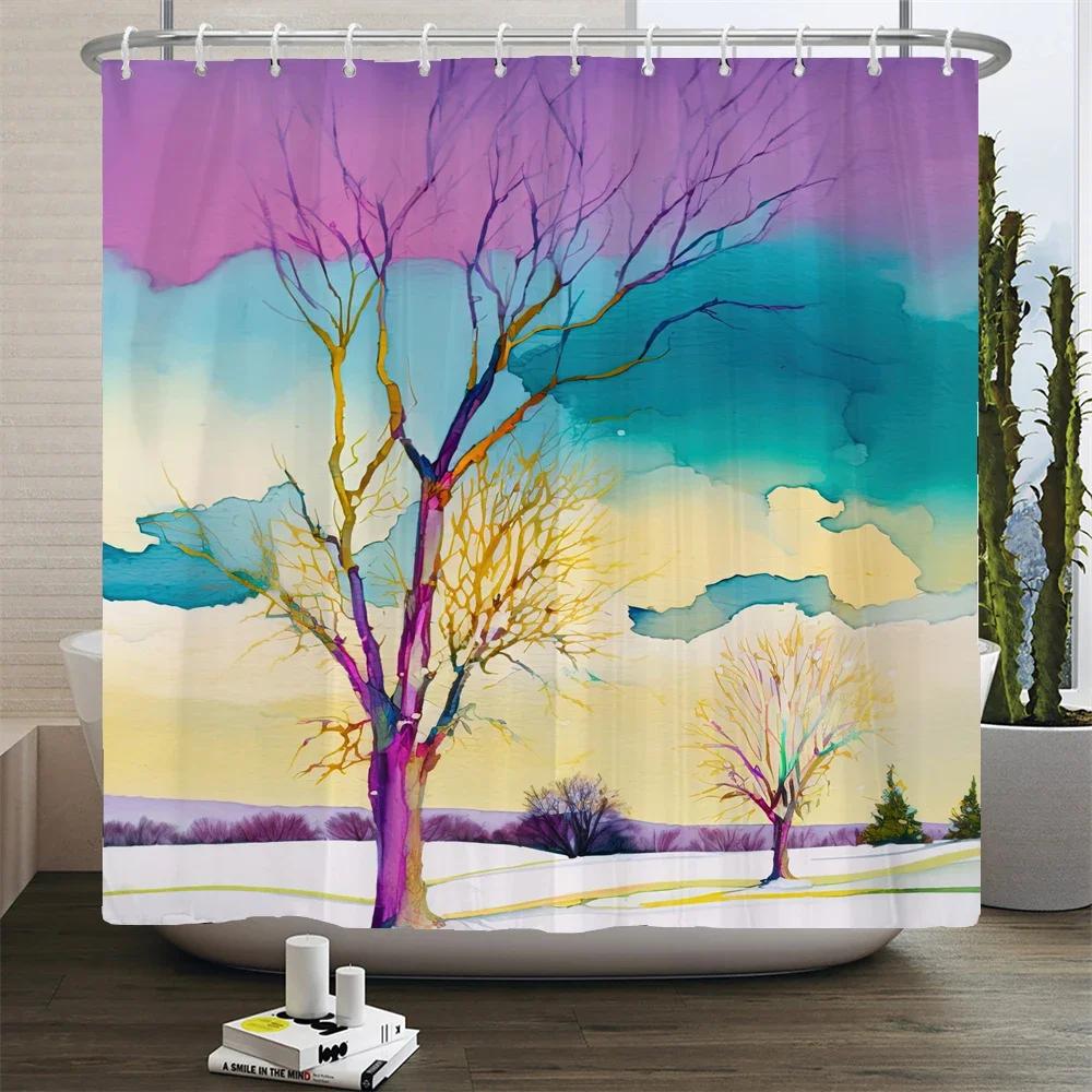 Stunning Watercolor Trees Print Water-resistant Shower Curtain with Artistic Design and Soft Colors for Vibrant Bathroom Decor