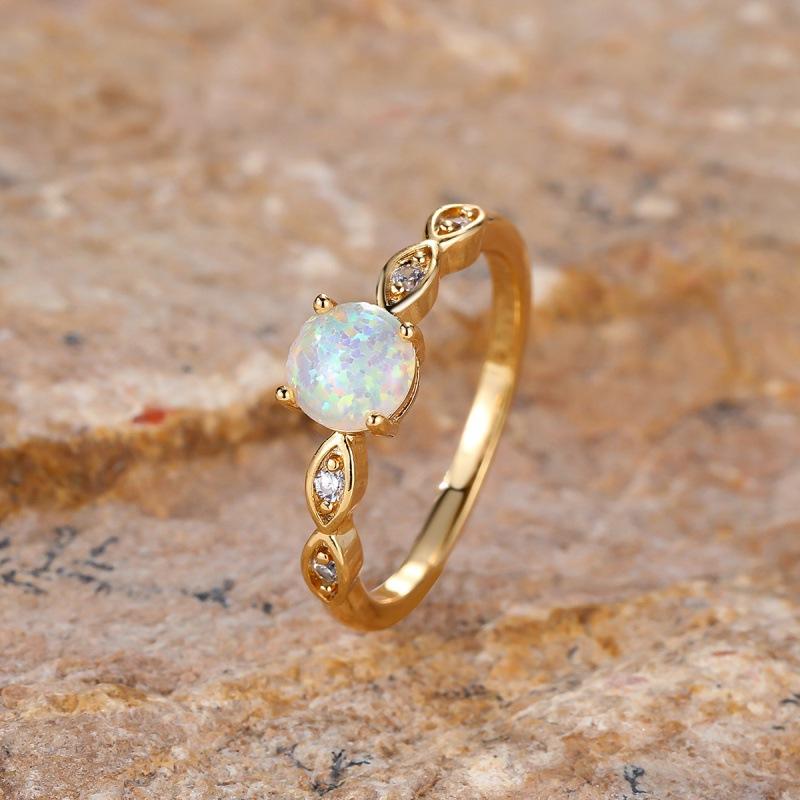 Gold Round White Opal Edge Set with White Diamonds Simple Ring Moonstone no. 6