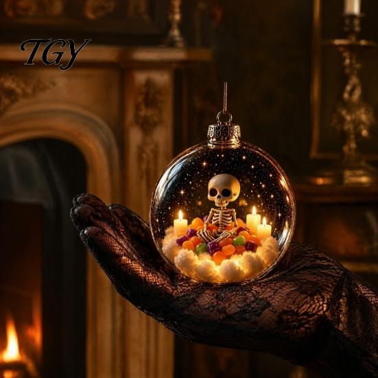 Spooky Pumpkin Ball Decor Halloween Clear Hanging Decoration, Glowing Sphere Ornament with Skeleton, Transparent Pumpkin, Spider Web, Black Cat Decor,