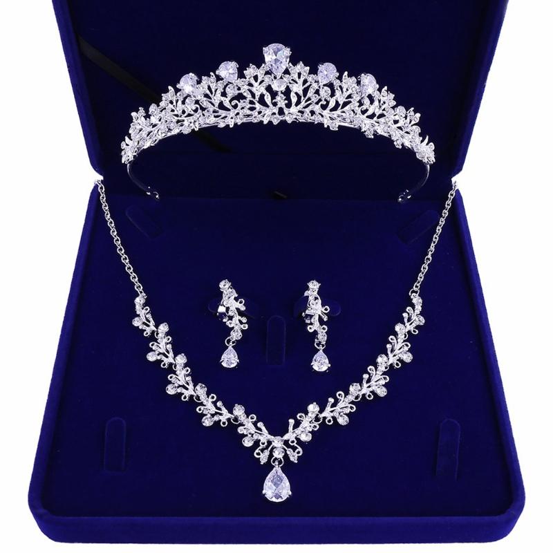 

Bride Silver/Gold Necklace Earrings Crown Set Crystal Bridal Wedding Jewelry Sets Zircon Choker for Women