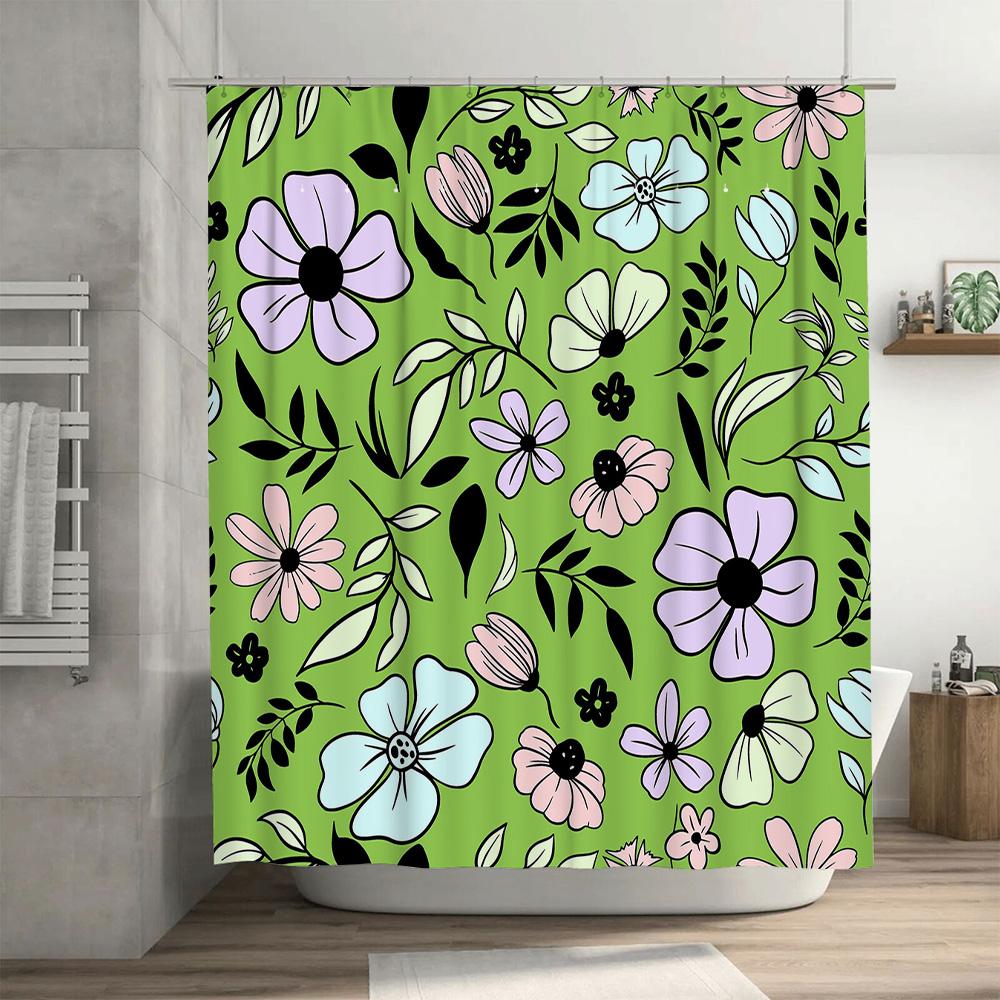 Bright Floral Shower Curtain Green Boho Decor Modern Bathroom Accents