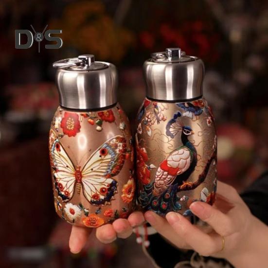 Vakuová termoska s motivem páva, nerezová, vintage květinová, 300 ml, dvoustěnná izolace, skleněná čajová konvice s víčkem proti úniku