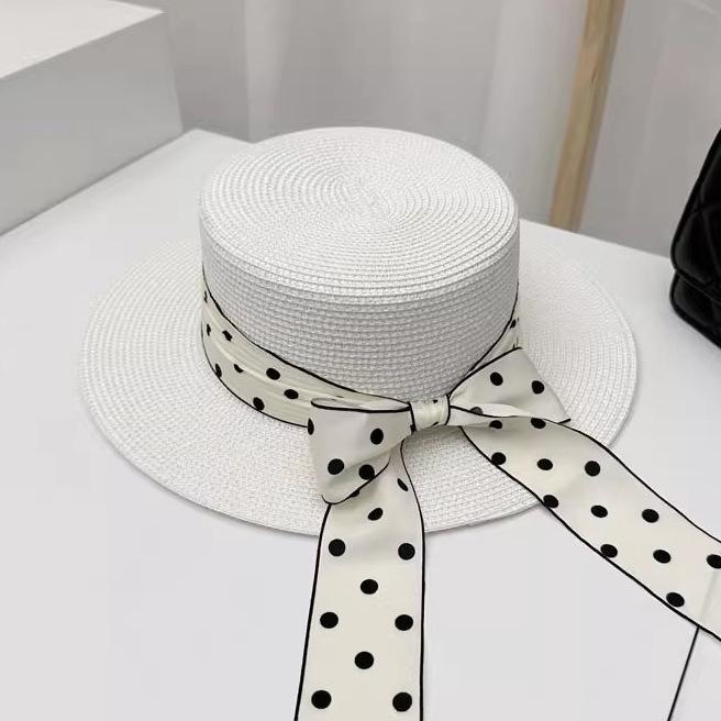 New Straw Hat Summer Sun Hat Polka Dot Long Streamer Flat Top Hat Seaside Beach Vacation Sun Hat