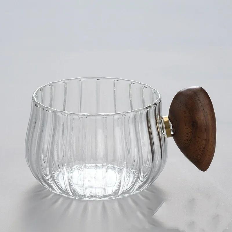 250ml High Borosilicate Glass Coffee Cup Pumpkin Shape Striped Heat-resistant Wooden Handle Latte Cup Breakfast Milk Tea Cup