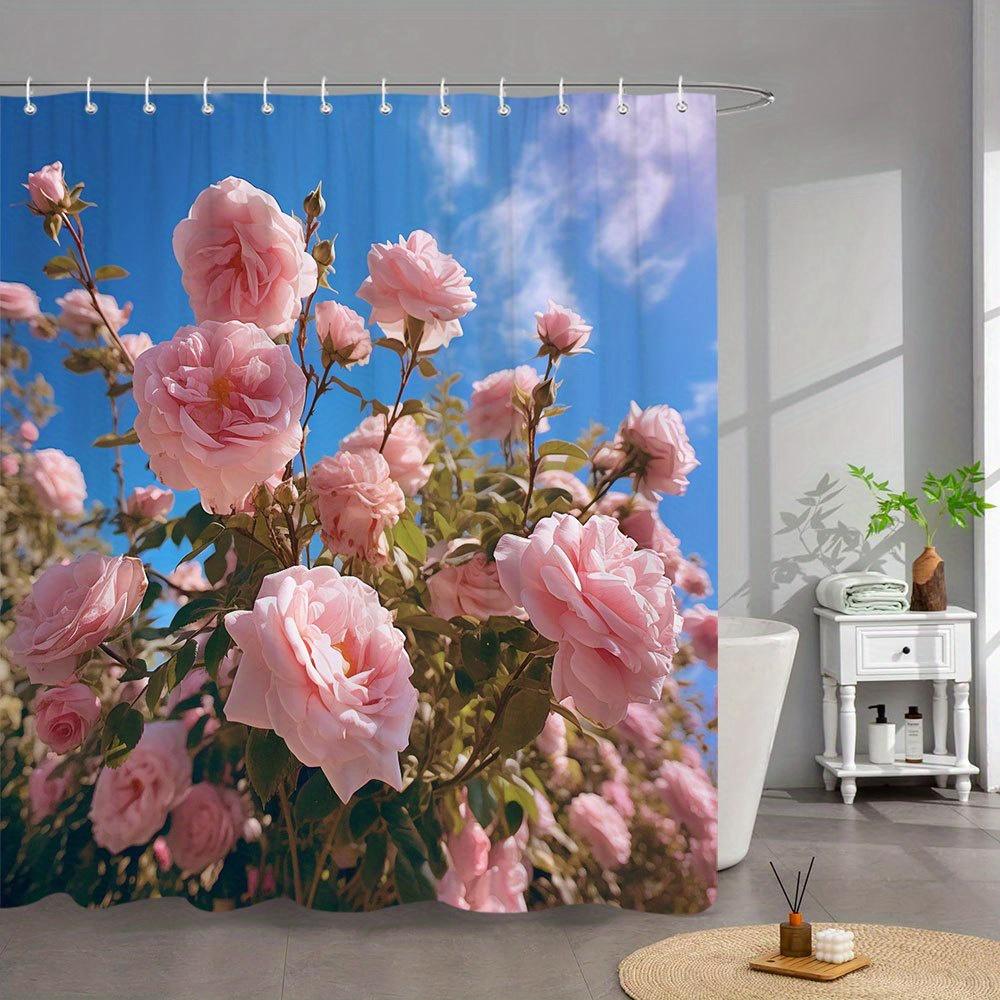 1Pc Rose Garden Bath Curtain - Romantic Floral Design With Pale Pink Blooms & Blue Sky, Durable Polyester Fabric, Machine Washab