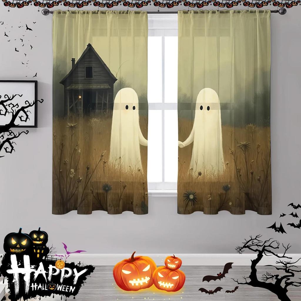 2 Stück - Vorhänge im Gothic-Stil mit Halloween-Spukhaus-Druck, Stangentasche Heimdekoration, Raumdekoration