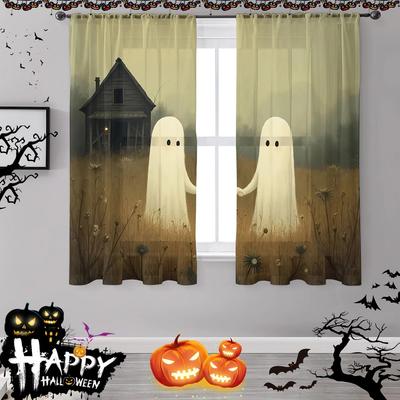 2pcs- Gothic Style Halloween Haunted House Printed Curtains, Pole Bag Home Decoration, Room Decoration