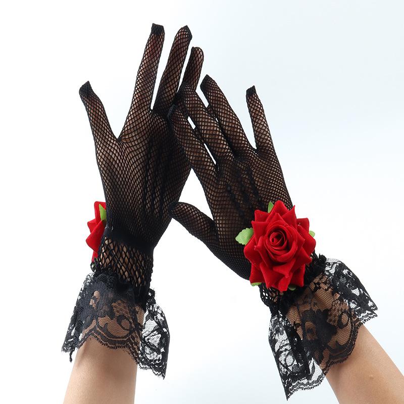Mesh Flower Etiquette Gloves Fingered Short Mesh Lace Decorative Gloves