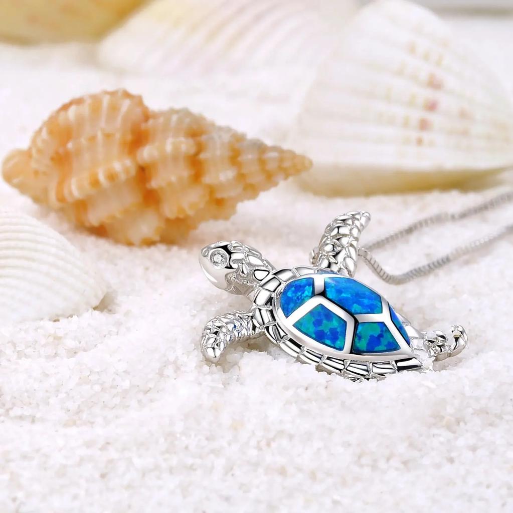 With Imitation Blue Opal Necklace, Bohemia Cute Sea Turtle Pendant Necklace for Women Mom, Wedding  Accessories Gifts