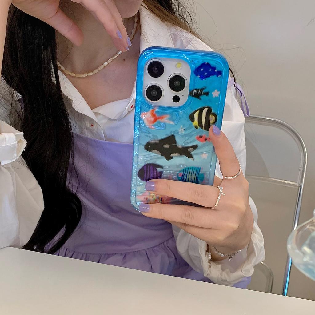 Korean Ins Ripple Texture Aquaria Lovely Fishes Case for iPhone 17 16 15 14 13 11 Pro Max Plus Back Phone Cover for 12 Pro Max