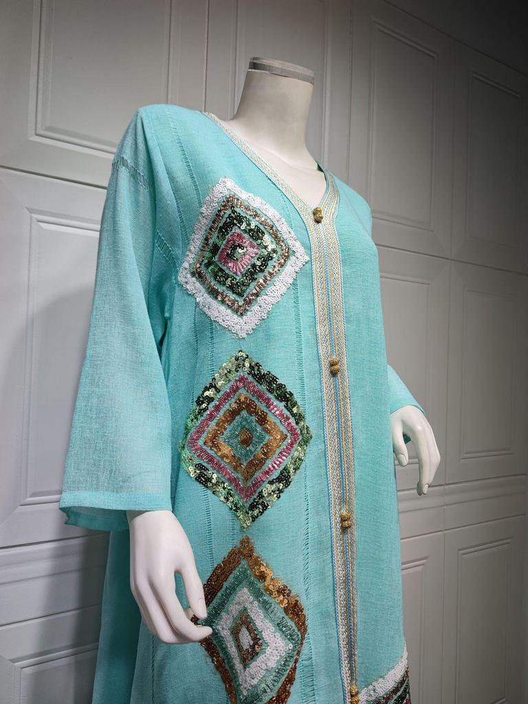 AB185 Abaya Transfrontalieră din Bumbac In cu Broderie cu Paiete – Robă de Modă cu Croială Largă