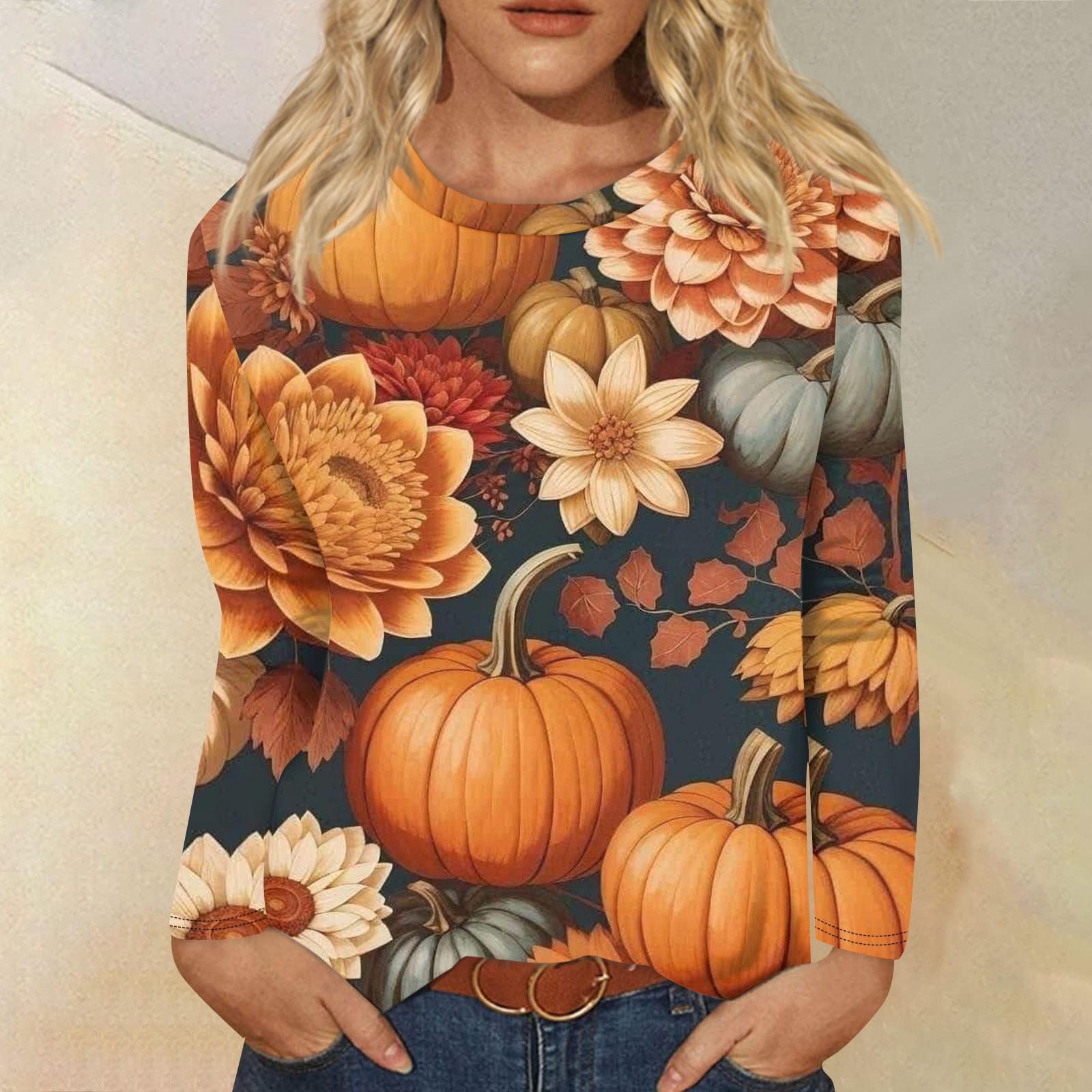 

Женская мода повседневная с длинным рукавом и принтом в честь Дня благодарения с круглым вырезом свободный топ XXXXL тёмно-синий