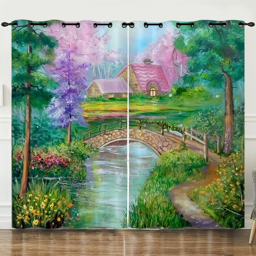 Curtain Oil Painting Landscape Firefly 3D Digital Printing Blackout Curtain Punching