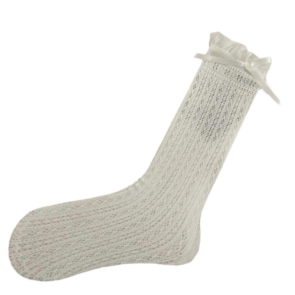 Student Elegant Hollowed Out Lace Ruffle Frilly Socks Women Japanese Style Middle Tube Calf Socks with Ribbon Bowknot