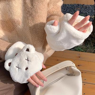 Fleece und dicker süßer Plüschbär Handschuhe Damen Winter Halbfinger Offene Finger Warme Klapphandschuhe Fabrik