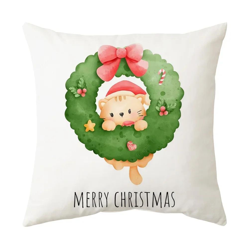 Printed Christmas Cushion Cover Cartoon Santa Claus Tree Pillowcase Happy New Year Home Gift Izable