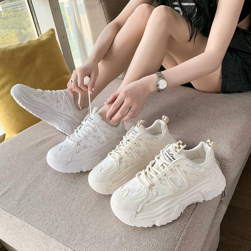 Summer and autumn new thick-soled mesh shoes women's lace-up low-top sports and leisure white shoes
