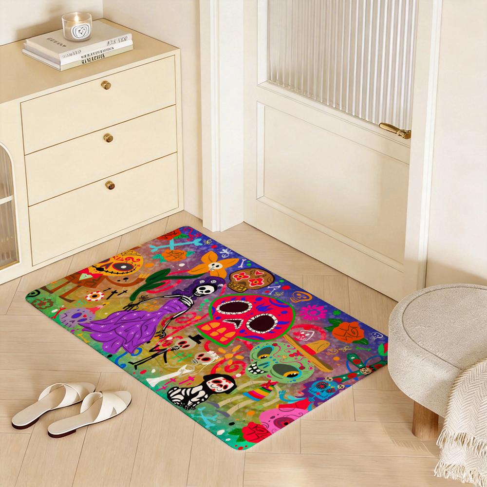 Dia De Muertos Design Art Floor Mat Eco  Flannel Doormat Non Slip Odorless Indoor Floor Rug Soft Short Plush Home Mat