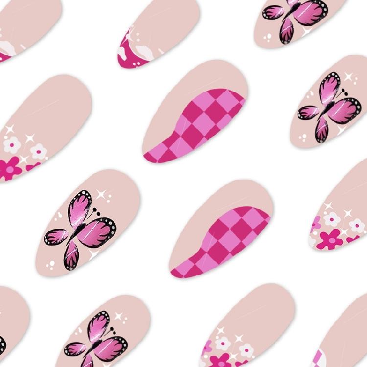 24 Pcs French Tip Stick On Nail Butterfly False Nail Short Almond Press On Nail Flowers Artificial Acrylic Nail