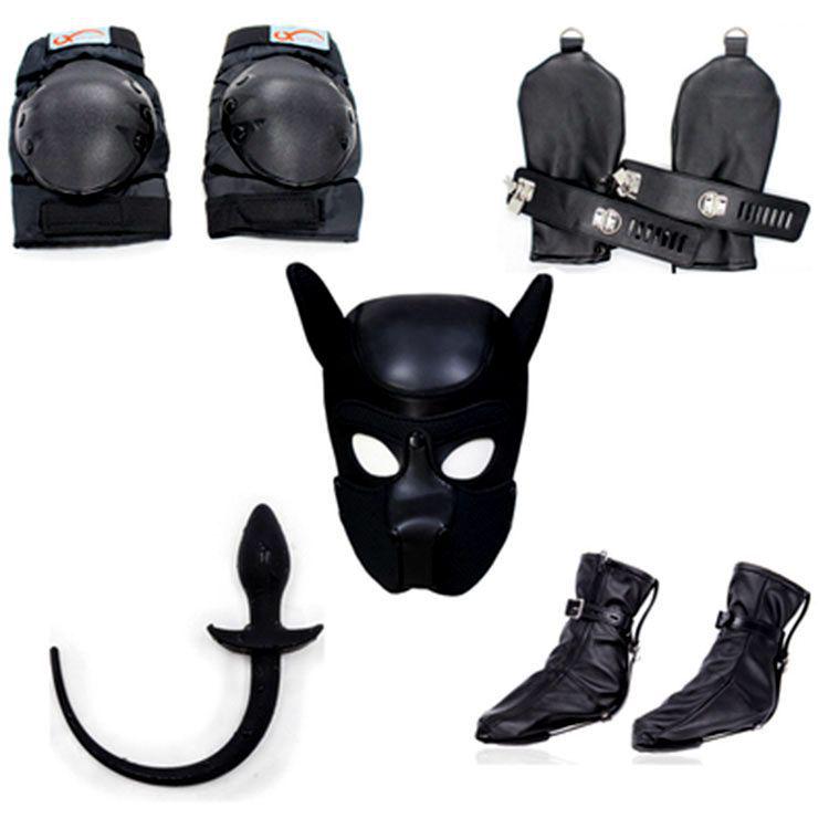 Dog Muzzle Set: K9 Slave Training Suit with Paws and Knee Pads for Male Training.