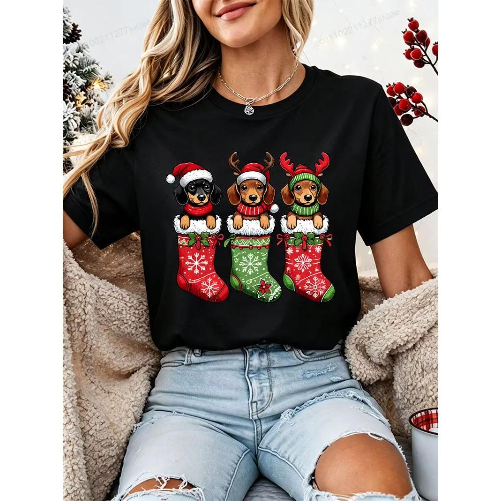 Christmas Christmas Series Socks Dog T‑Shirt Women Xmas Stocking Santa Hat Print T-Shirts O‑Neck Short Sleeve Casual Holiday Versatile Leisure T-shirt
