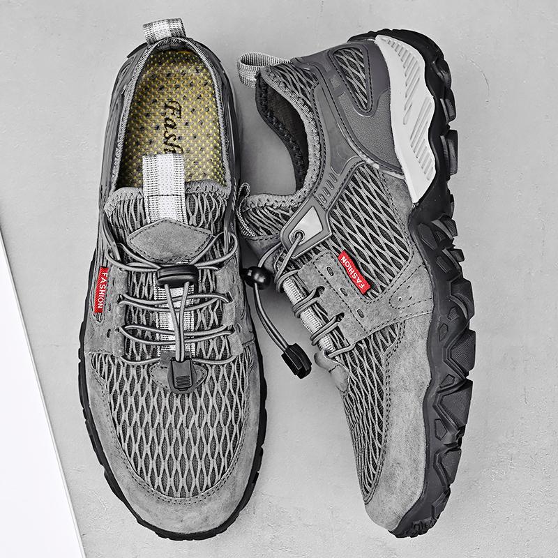 Men’s Outdoor Hiking Shoes Grey Driving Shoes Casual Slip on Summer Black Mesh Shoes Plus Size 45 46