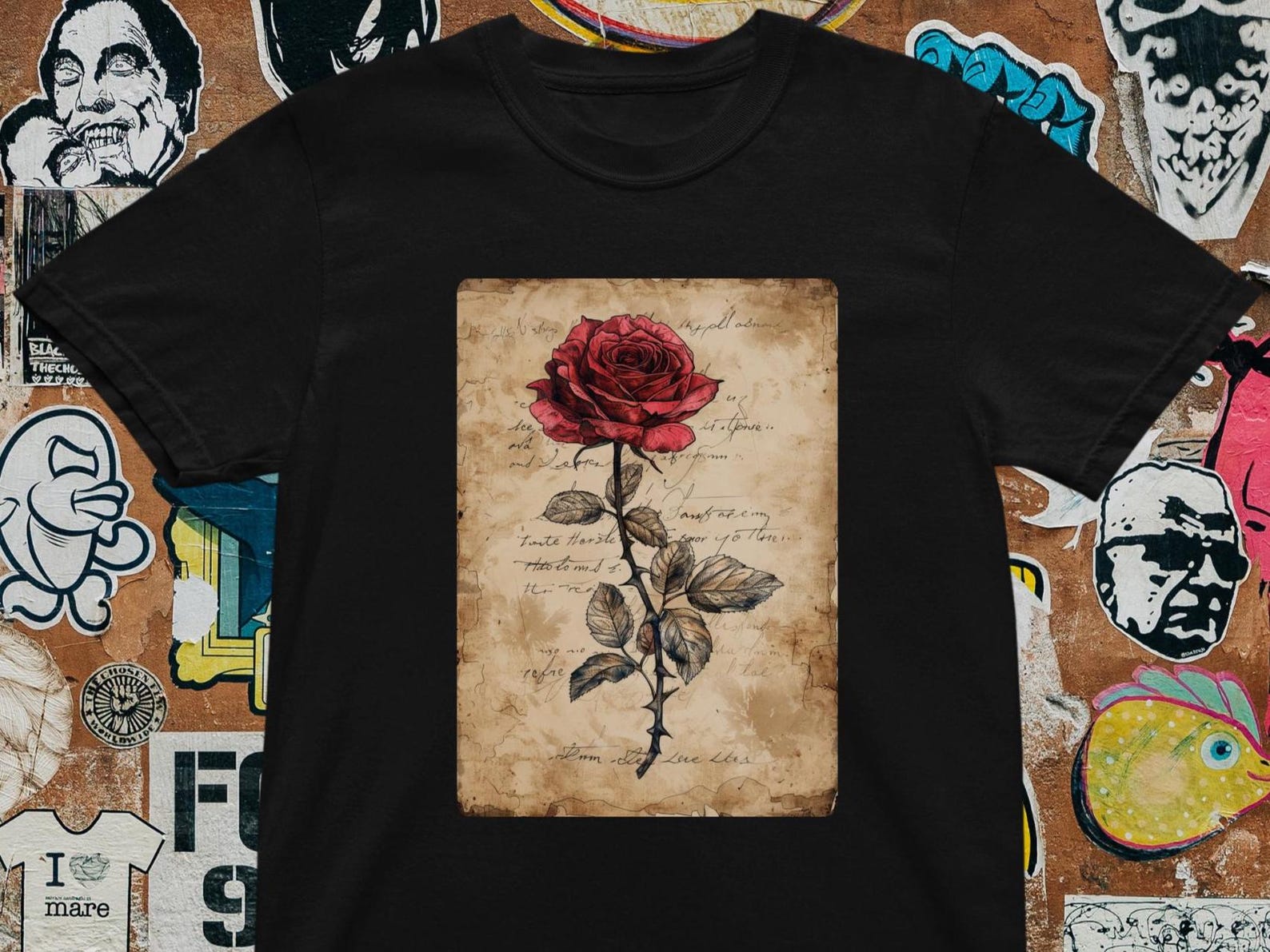 Vintage Rose Sketch T-Shirt: Antique Floral Graphic Tee 4XL