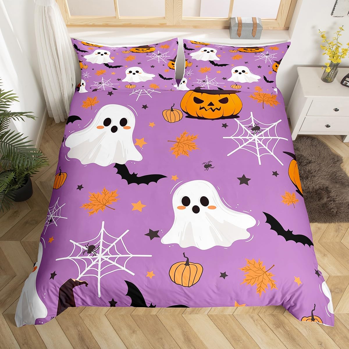 

Comforter Halloween Bedding Set Twin Queenhalloween Bats Comforter Giant Spider Cartoon Ghost Halloween Pumpkin Decor Comforter (quilt)-EU Single(135*200cm)3pcs
