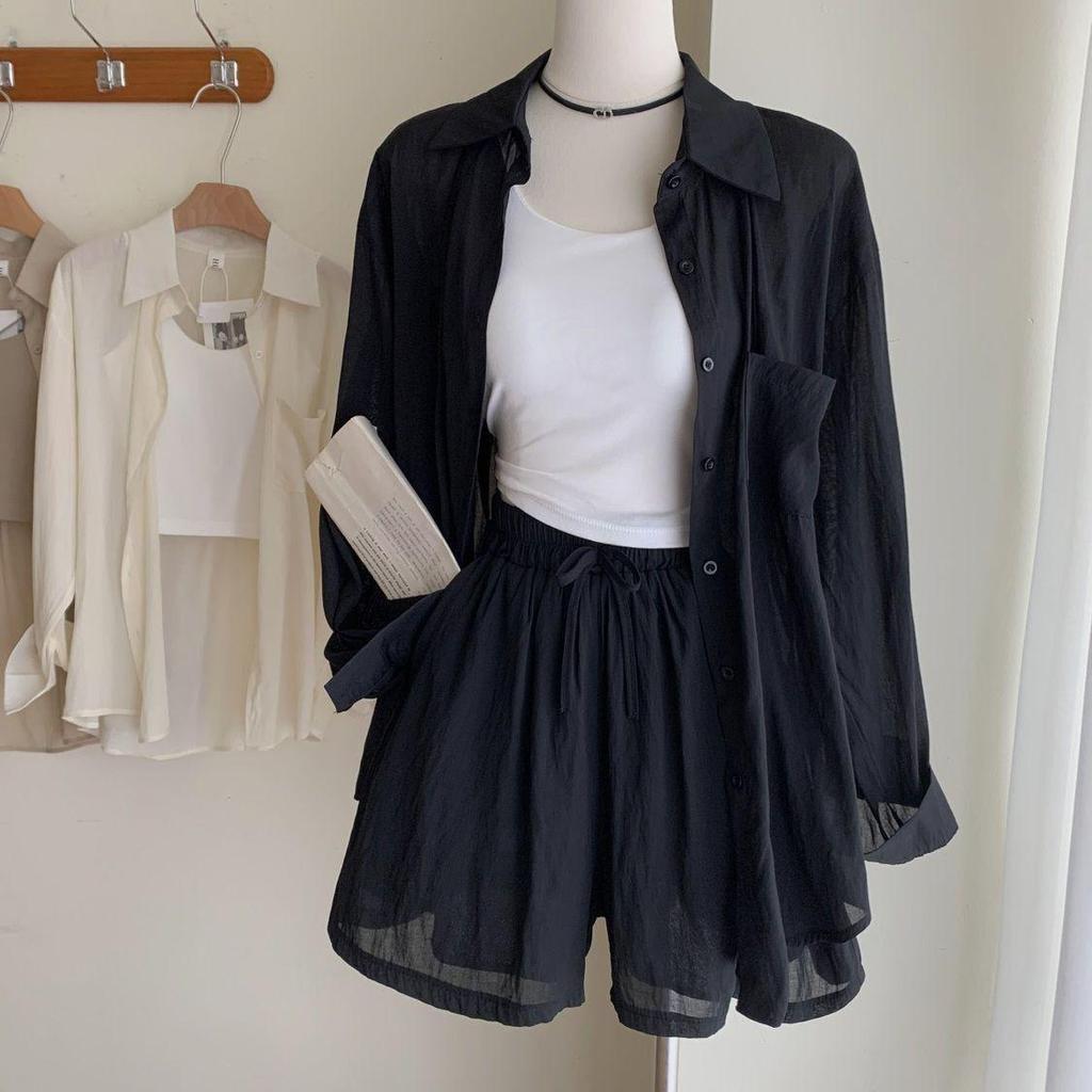 Women's Korean-Style Casual Sun Protection 3-Piece Set: Spring/Summer Cardigan, Camisole, High-Waisted Shorts