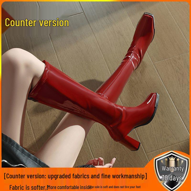 Women's Red Patent Leather Chunky Heel Boots - Autumn/Winter 2025 Collection, Metal Anti-Collision Square Toe, Elastic, Sexy Long Design.